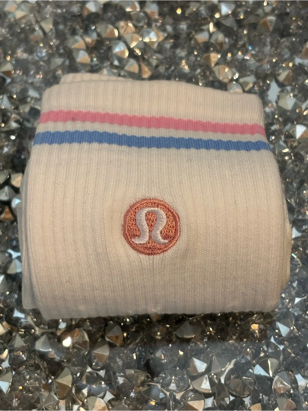 Lululemon White Crew Socks Pink & Blue Stripe Logo Athleisure One Size